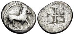 Greek KINGS OF MACEDON. Alexander I, 498-454 BC. Tetrobol (Silver, 14.5 mm, 1.83 g), Aigai, probably before 480/79. Horse standing to right. Rev. Quadripartite linear square with a kerykeion at the ce