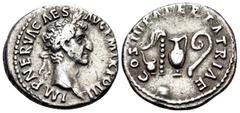 Roman Imperial Nerva, 96-98. Denarius (Silver, 18 mm, 3.21 g, 6 h), Rome, 97. IMP NERVA CAES AVG P M TR POT Laureate head of Nerva to right. Rev. COS III PATER PATRIAE Simpulum, aspergillum, guttus, a