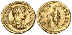 Roman Imperial Geta, as Caesar, 198-209. Aureus (Gold, 20.5 mm, 7.31 g, 5 h), Rome, 205. GETA CAES PONT COS Bare-headed, draped and cuirassed bust of Geta to right. Rev. VOTA PVBLICA Geta, togate, sta