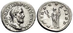 Roman Imperial Pupienus, 238. Denarius (Silver, 19 mm, 3.30 g, 11 h), Rome. IMP C M CLOD PVPIENVS AVG Laureate, draped and cuirassed bust of Pupienus to right. Rev. P M TR P COS II P P Felicitas stand