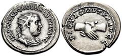 Roman Imperial Balbinus, 238. Antoninianus (Silver, 23 mm, 5.07 g, 6 h), Rome. IMP CAES D CAEL BALBINVS AVG Radiate, draped and cuirassed bust of Balbinus to right. Rev. PIETAS MVTVA AVGG Two clasped 