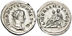 Roman Imperial Philip II, 247-249. Antoninianus (Silver, 24 mm, 3.52 g, 1 h), Rome, 249. IMP PHILIPPVS AVG Radiate, draped and cuirassed bust of Philip I to right, seen from behind. Rev. LIBERALITAS A