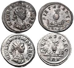 Roman Imperial Carinus, as Caesar, 282-283. Antoninianus (Billon), Lot of two coins, A: 21 mm, 3.71 g, 5h. B. 22 mm, 4.16 g, 7 h. Radiate, draped and cuirassed bust of Carinus to right. Rev. Emblems o