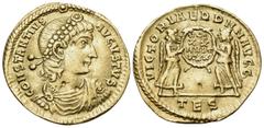 Roman Imperial Constantius II, 337-361. Solidus (Gold, 21.5 mm, 4.48 g, 5 h), Thessalonica, 340-350. CONSTANTIVS AVGVSTUS Pearl-diademed, draped and cuirassed bust to right, all within wreath border. 