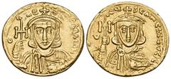 Byzantine Constantine V Copronymus, with Leo III, 741-775. Solidus (Gold, 20 mm, 4.35 g, 5 h), Constantinople, 745-750. d LЄON P A MЧL Crowned bust of Leo facing, wearing chlamys and holding a cross p