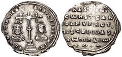 Byzantine Basil II Bulgaroktonos, with Constantine VIII, 976-1025. Miliaresion (Silver, 24 mm, 2.50 g, 12 h), Constantinople, 977-989. En TOVTω nICA T' bASILEI C CωnST' Patriarchal cross crosslet, wit