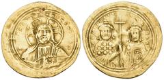Byzantine Basil II Bulgaroktonos, with Constantine VIII, 976-1025. Histamenon nomisma (Gold, 26.5 mm, 4.18 g, 6 h), Constantinople, 1001-1025. +IhS XIS REX REGNANTIhm Bust of Christ Pantocrator facing