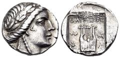 Greek LYCIA. Olympos. Circa 167-100 BC. Hemidrachm (Silver, 14.5 mm, 2.26 g, 1 h). Laureate head of Apollo to right. Rev. OΛYMΠΗ Lyre; to left, Π above race torch; to right, M; all within incuse squar