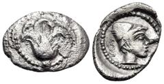 Greek DYNASTS OF LYCIA. Vekhssere II, circa 410-390/80 BC. Trihemiobol (Silver, 13 mm, 0.86 g, 1 h). Rose. Rev. Head of Hermes to right, wearing winged petasos; behind, diskeles; all within circular i