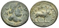 Roman Provincial LYDIA. Tralles. Pseudo-autonomous issue, 2nd-3rd centuries. (Bronze, 17 mm, 2.01 g, 6 h). ZE-YC· Laureate bust of Zeus to right; above, but off the flan on this coin, star. Rev. TPAΛΛ
