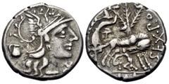 Roman Republican & Imperatorial Sex. Pompeius Fostlus, 137 BC. Denarius (Silver, 19 mm, 3.85 g, 9 h), Rome. Helmeted head of Roma to right; behind, jug; below chin, X. Rev. SEX · PO FOSTLVS / ROMA She
