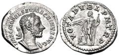 Roman Imperial Macrinus, 217-218. Denarius (Silver, 20 mm, 3.24 g, 6 h), 2nd emission, Rome, 217. IMP C M OPEL SEV MACRINVS AVG Laureate and cuirassed bust of Macrinus to right. Rev. VOTA PVBL P M TR 