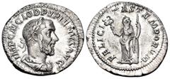 Roman Imperial Pupienus. Denarius (Silver, 21 mm, 3.19 g, 5 h), Rome. IMP C M CLOD PVPIENVS AVG Laureate, draped and cuirassed bust of Pupienus to right. Rev. P M TR P COS II P P Felicitas standing le