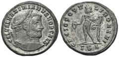 Roman Imperial Galerius, as Caesar, 293-305. Follis (Bronze, 28 mm, 9.91 g, 6 h), Thessalonica, 1st officina, 298-299. GAL VAL MAXIMIANVS NOB CAES Laureate head of Galerius to right. Rev. GENIO POPVLI