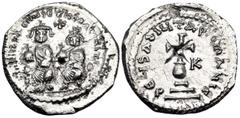 Byzantine Heraclius, with Heraclius Constantine, 610-641. Hexagram (Silver, 24 mm, 6.54 g, 7 h), Constantinople, 632-635. dd NN hERACLIUS ET hERA CONST P P A Enthroned draped and facing figures of Her