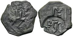 Byzantine Heraclius, with Heraclius Constantine, 610-641. Follis (Bronze, 25 mm, 5.90 g, 6 h), Sicilian mint, 632-641. Countermark with the crowned facing busts of Heraclius, on left, and Heraclius Co
