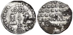 Byzantine Basil II Bulgaroktonos, with Constantine VIII, 976-1025. Miliaresion (Silver, 22 mm, 2.51 g, 6 h), Constantinople, 977-989. En TOVTω nICA T' bASILEI C CωnST' Patriarchal cross crosslet, with