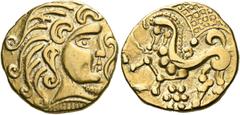 CELTIC COINS Northeast Gaul Parisii. 2nd century BC. Stater (Gold, 20.5 mm, 7.21 g, 2 h), Class II. Celticized head of Apollo to right, with wavy hair and a floral ornament before. Rev. Disjointed and