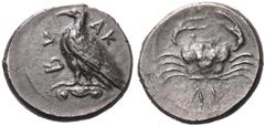 GREEK COINS SICILY Akragas. Circa 450-440 BC. Litra (Silver, 10 mm, 0.81 g, 1 h). ΑΚ - RΑ Eagle, with closed wings, standing left on Ionic column capital. Rev. ΛΙ Crab. HGC 2, 121. Westermark 455-504 
