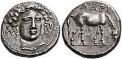 GREEK COINS THESSALY Larissa. Early-mid 4th century BC. Drachm (Silver, 18 mm, 6.02 g, 7 h). Head of the nymph Larissa facing slightly right, wearing an ampyx. Rev. ΛΑΡΙ Horse feeding to right, with s