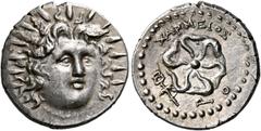 GREEK COINS ISLANDS OFF CARIA Rhodos. Rhodes. Circa 88/42 BC-AD 14. Drachm (Silver, 19 mm, 4.39 g, 12 h), struck under the magistrate Charmeios. Radiate head of Helios facing, turned slightly to the r
