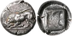 GREEK COINS DYNASTS OF LYCIA Kuprilli, circa 470/60-440/35 BC. Stater (Silver, 18 mm, 9.11 g, 4 h), uncertain mint, c. 450. Lion to left, devouring an animal's leg. Rev. Head of a bull to left, within