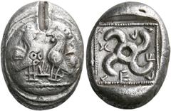 GREEK COINS DYNASTS OF LYCIA Teththiweibi, circa 450-430/20 BC. Stater (Silver, 21 mm, 8.38 g, 12 h), Kandyba (?). Two opposed roosters standing facing each other on ground line; between them, symbol;