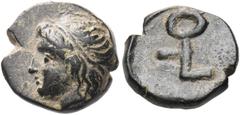 GREEK COINS ASIA MINOR Lycia (?). Uncertain mint. 4th-3rd centuries BC. Half chalkous (Bronze, 8.5 mm, 0.70 g, 5 h). Male head to left, hair bound with tania - perhaps Apollo. Rev. Key-like symbol for