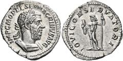 ROMAN COINS Macrinus, 217-218. Denarius (Silver, 20 mm, 3.07 g, 6 h), Rome, 218. IMP C M OPEL SEV MACRINVS AVG Laureate and cuirassed bust of Macrinus to right. Rev. IOVI CONSERVATORI Jupiter, nude, s