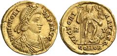 ROMAN COINS Honorius, 393-423. Solidus (Gold, 20 mm, 4.47 g, 6 h), Ravenna, 402-406. D N HONORIVS P F AVG Pearl-diademed, draped, and cuirassed bust of Honorius to right. Rev. VICTORIA AVGGG / R-V/COM