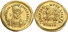 ROMAN COINS Theodosius II, 402-450. Solidus (Gold, 22 mm, 4.49 g, 6 h), Constantinople, Δ = 4th officina, 425-429. D N THEODO - SIVS P F AVG Helmeted, diademed and cuirassed bust of Theodosius facing,