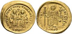 BYZANTINE COINS Justin I & Justinian I, 527. Solidus (Gold, 20 mm, 4.38 g, 5 h), Constantinople, H = 8th officina, struck 4 April-1 August 527. D N IVSTIN ET IVSTINIANVS P P AVG / CONOB Justin I and J
