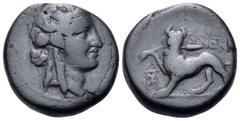 The Vineyard Colection Part IV, Greek LYDIA. Sardes. 2nd-1st centuries BC. (Bronze, 16.5 mm, 5.62 g, 1 h). Wreathed head of Dionysos to right. Rev. ΣΑΡΔΙΑΝΩΝ Horned panther standing to left, his head 