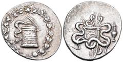 The Vineyard Colection Part IV, Greek LYDIA. Tralleis. Circa 166-67 BC. Cistophoric Tetradrachm (Silver, 27.5 mm, 12.61 g, 12 h), c. 155-145. Cista mystica with half-open lid from which a serpent issu