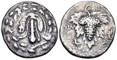 The Vineyard Colection Part IV, Greek LYDIA. Tralleis. Circa 166-67 BC. Didrachm (Silver, 21.5 mm, 5.89 g, 12 h), Cistophoric series. Lion's skin draped over club; all within ivy wreath. Rev. TPAΛ Gra