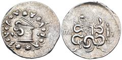 The Vineyard Colection Part IV, Greek LYDIA. Tralleis. Circa 166-67 BC. Cistophoric Tetradrachm (Silver, 28 mm, 12.54 g, 7 h), struck under the magistrate Ptol(emaios), c. 133 or slightly later. Cista