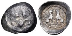 The Vineyard Colection Part IV, Greek DYNASTS OF LYCIA. Vekhssere II, circa 410-390/80 BC. 1/6 Stater (Silver, 15 mm, 1.15 g, 9 h), Tlos. Facing lion's scalp. Rev. T-Λ Two panthers seated facing one a