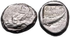 Greek LYCIA. Phaselis. Circa 500-440 BC. Stater (Silver, 21.5 mm, 10.99 g, 4 h). Forepart of a galley to left, terminating in a boar's forepart. Rev. ΦΑΣ Stern of galley right within incuse square. He