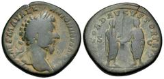 Roman Imperial Marcus Aurelius, 161-180. Sestertius (Orichalcum, 31 mm, 23.63 g, 12 h), Rome, 161. IMP CAES M AVREL ANTONINVS AVG P M Laureate bust of Marcus Aurelius to right, with light drapery on h