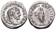 Roman Imperial Caracalla, 198-217. Denarius (Silver, 18.5 mm, 3.35 g, 6 h), Rome, 214. ANTONINVS PIVS AVG GERM Laureate head of Caracalla to right. Rev. P M TR P XVII COS IIII P P Caracalla standing l