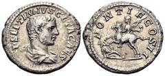 Roman Imperial Geta, as Caesar, 198-209. Denarius (Silver, 19 mm, 3.03 g, 12 h), Rome, 209. P SEPTIMIVS GETA CAES Bare-headed and draped bust of Geta to right. Rev. PONTIF COS II Geta, holding javelin