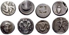 Large Lots GREEK. 5th-3rd centuries BC. (Silver, 37.15 g). A lot of Four (4) silver issues. Includes a stater of Thasos, a stater from Thebes, a didrachm from Rhodes, and a stater from Aspendos. Fine 