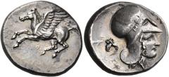 Greek CORINTHIA. Corinth. Circa 400-375 BC. Stater (Silver, 22 mm, 8.55 g, 4 h). Ϙ Pegasus with straight wing flying to left. Rev. Head of Aphrodite to right, wearing Corinthian helmet with a neck fla