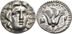 Greek ISLANDS OFF CARIA, Rhodos. Rhodes. Circa 205-190 BC. Tetradrachm (Silver, 24 mm, 13.52 g, 12 h), struck under the magistrate Stasion. Radiate head of Helios, three-quarter facing to right. Rev. 