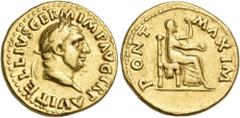 Roman Imperial & Provincial Vitellius, 69. Aureus (Gold, 20 mm, 7.19 g, 6 h), Rome. A VITELLIVS GERM IMP AVG TR P Laureate head of Vitellius to right. Rev. PONT MAXIM Vesta, veiled and draped, seated 