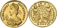 Roman Imperial & Provincial Constantius II, 337-361. Solidus (Gold, 21.5 mm, 4.49 g, 6 h), Rome, P = 1st officina, 357. FL IVL CONST-ANTIVS P F AVG Diademed bust of Constantius II to left, wearing con