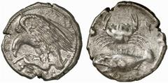 SICILY, Akragas. Circa 420. Tetradrachm (Silver, 17.01 g 3). ΑΚΡΑΓΑΝΤΙΝΟΝ Eagle with spread wings to left, perched on dead hare lying on a rock and tearing at it with its beak; on rock, cockle shell a