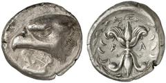 ELIS, Olympia. 91st Olympiad. 416 BC. Stater (Silver, 11.91 g 2), signed by Da.... Eagle’s head to left; below, large white poplar leaf with the signature ΔΑ below the center vein Rev. F Α Thunderbolt