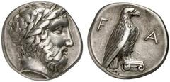 ELIS, Olympia. 105th Olympiad. 360 BC. Stater (Silver, 11.90 g 10). Laureate head of Zeus to right Rev. FΑ Eagle, with wings folded, standing right on Ionic column capital. BCD Olympia 119 (this coin)