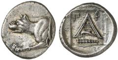 ARGOLIS, Argos. Circa 330-270 BC. Triobol (Silver, 2.91 g 10). Forepart of wolf at bay to left Rev. Large Α with Π Ρ to left and right; below, dolphin left over club left; all within incuse square. BC
